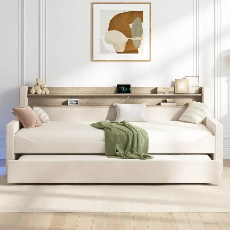 Jocisland Letto a giorno matrimoniale con letto estraibile, Struttura letto imbottita in velluto con luce notturna a LED, Testiera contenitore, Ricarica USB