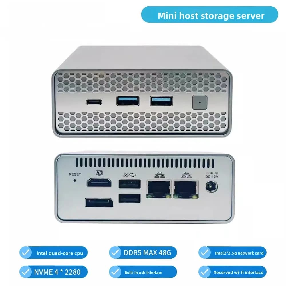 Mini Host M1S N150 con Porte Multi-Network, NAS a Stato Solido 2.5G, Server di Archiviazione a Basso Consumo, Computer Compatto Portatile