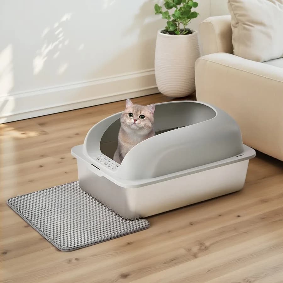 Lettiera per Gatti Extra Large in Acciaio Inossidabile con Coperchio per Gatti di Taglia Grande, Recinzione a Parete Alta per Privacy e Prevenzione dello Spruzzamento