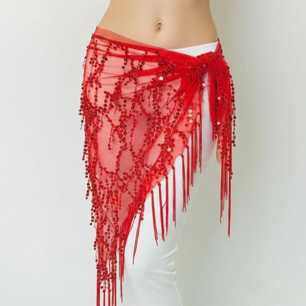 Belly Dance Costume Waist Chain Sequin Fringe Triangle Dance Scarf Tulle Beaded Belly Dance Triangle Stage Performance Scarf