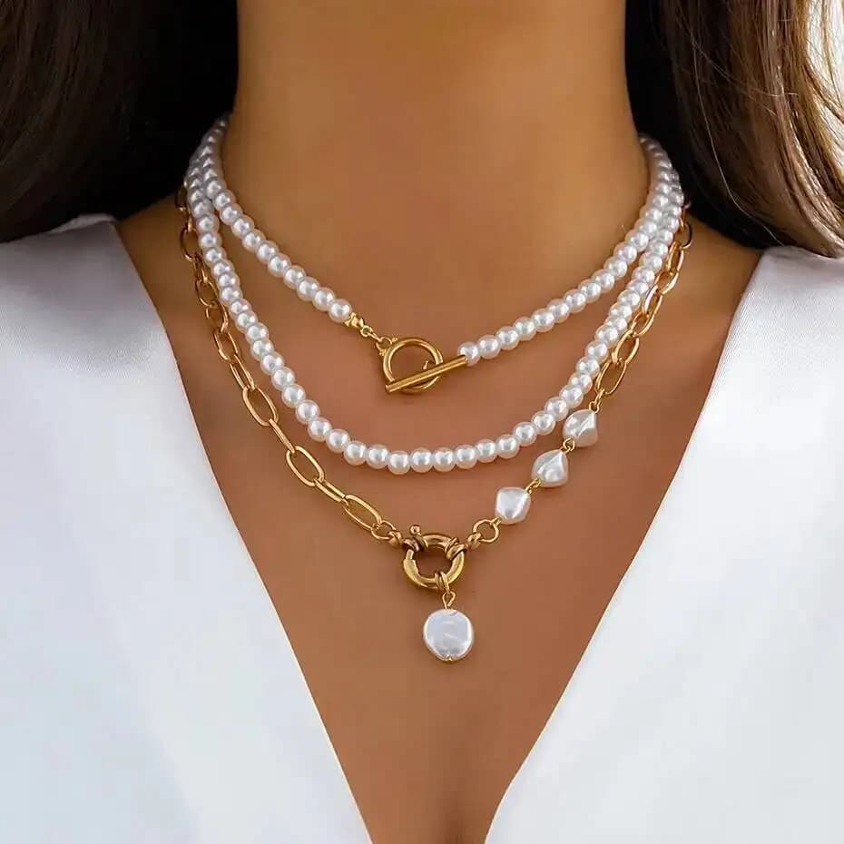 PuRui Collana con ciondolo con fibbia OT con perla imitazione multistrato per le donne Wed Bridal Goth Bead Chain Accessori per il collo Regalo di gioielli