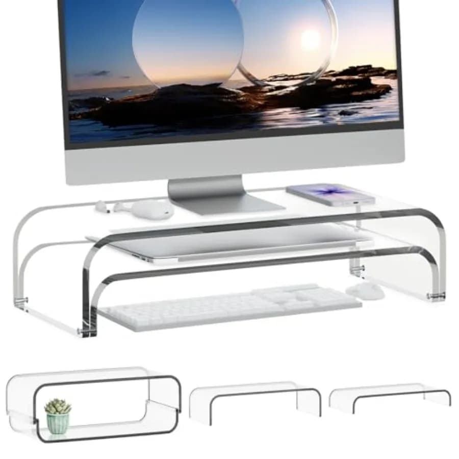 Supporto per Monitor Doppio in Acrilico a 2 Livelli, Stand Modulare per Laptop, Organizzatore da Scrivania Multifunzionale per PC, iMac, Stampante