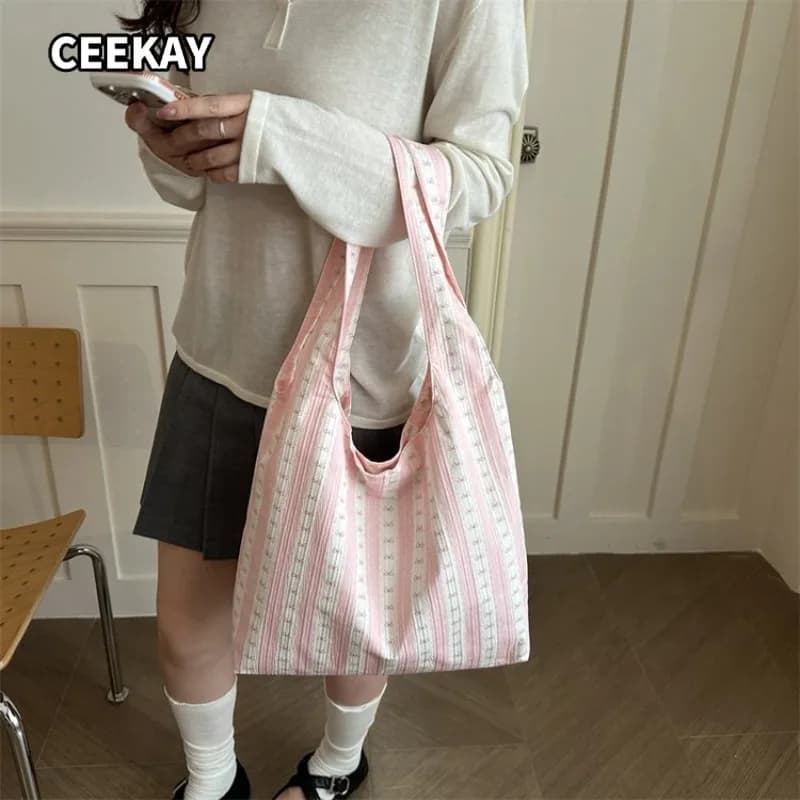 CEEKAY Women's Tote Bag Pink Stripe Canvas Large Capacity Shoulder Handbag Open Top Daily Commute Casual Sweet Fashion