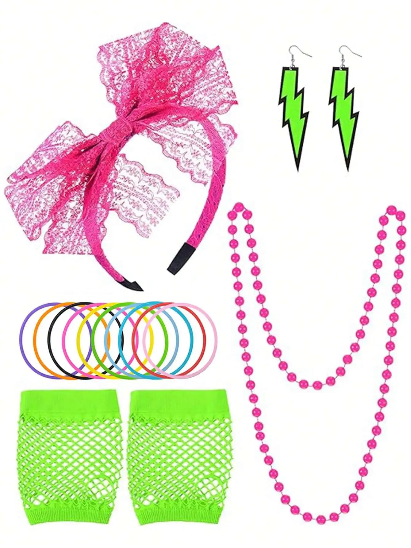Set di Accessori per Costume Neon Anni '80: Fascia con Fiocco, Orecchini a Fulmine, Collana di Perline, Guanti a Rete, Braccialetti