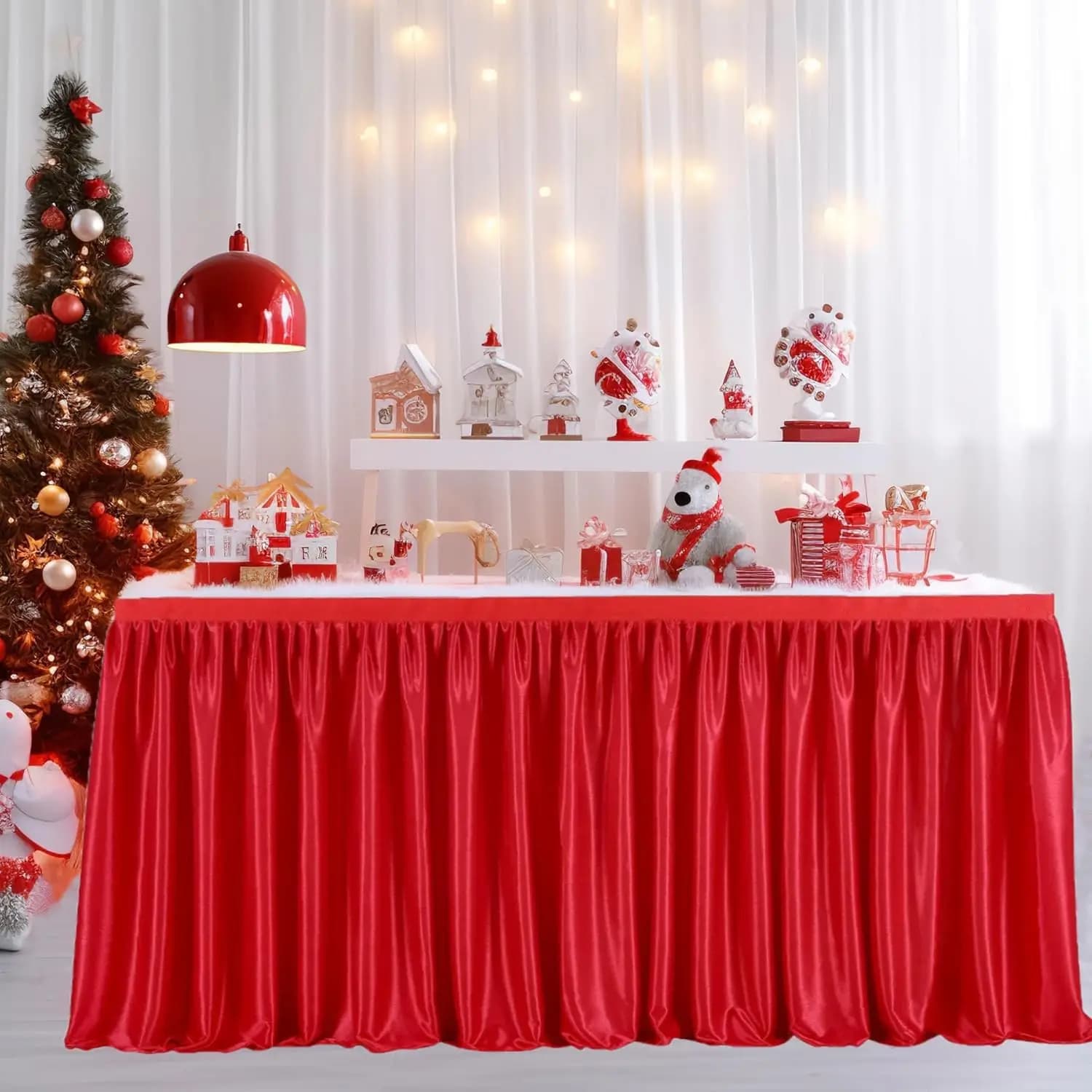 Pleated Ruffle Table Skirt for Rectangle Tables, 6ft, Wrinkle Resistant Polyester, Red