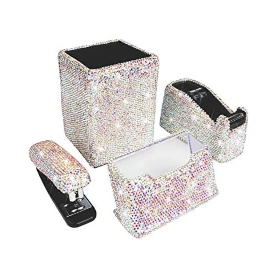 Bling Crystal Luxury Handmade Diamond Square Pencil Pen Pot Holder and Stapler and Card Holder and Desktop Tape Dispenser Offic