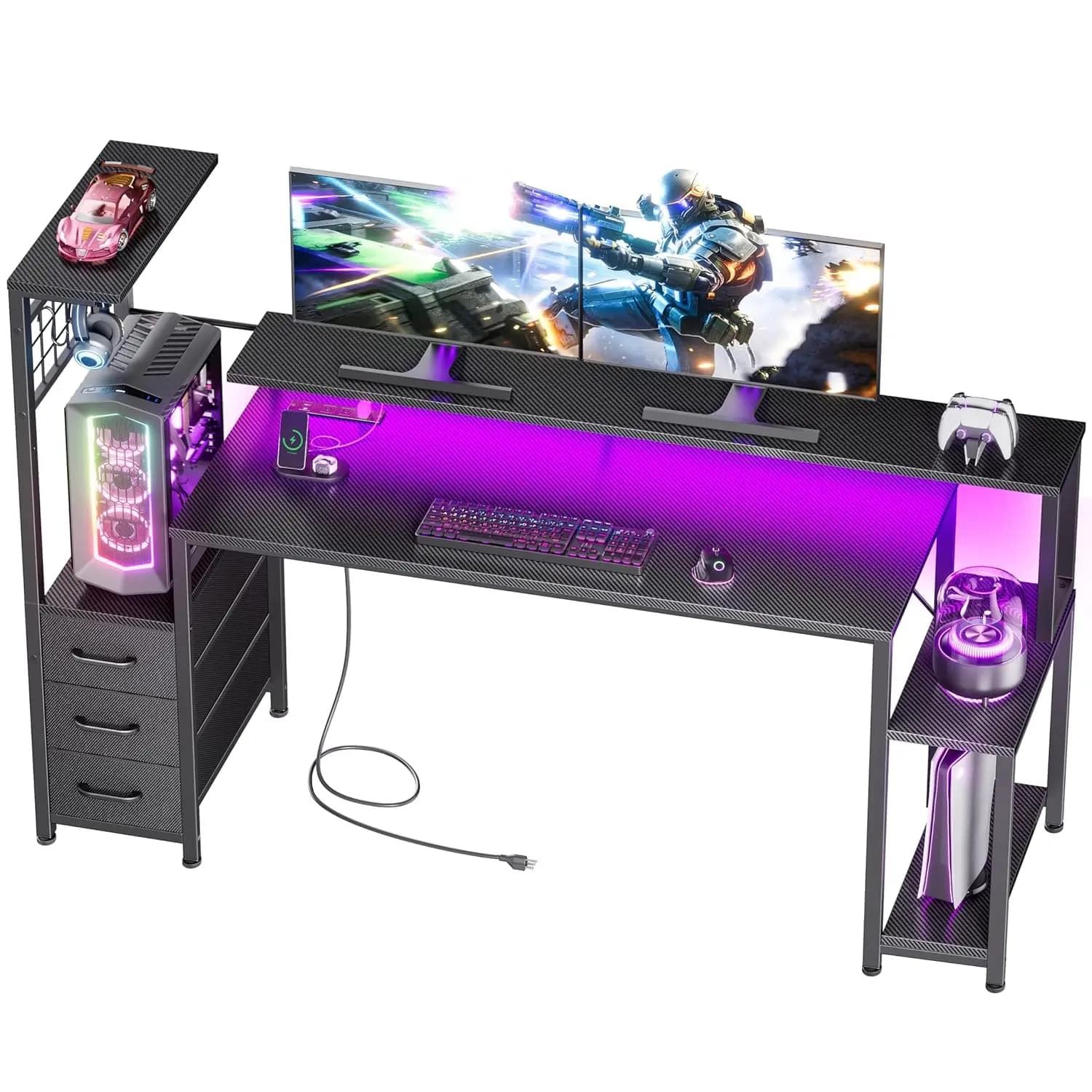 Desktop from Gaming 63 Inch with LED, Current sockets, Drawers, Hooks, Monitor Support, Carbon Fiber, Customizable