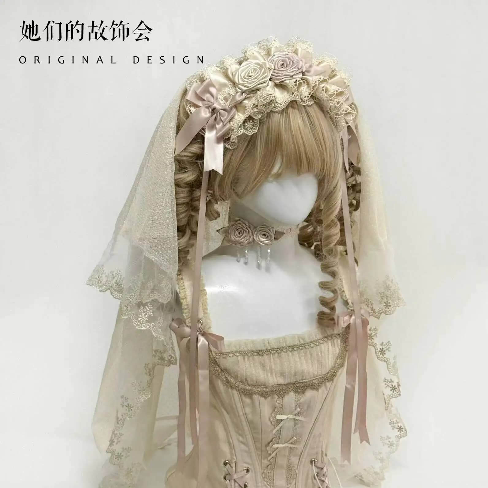 Accessori per capelli Lolita: fermagli fatti a mano, fasce floreali, veli, fiocchi in pizzo color champagne, stile dolce e Kawaii per ragazze