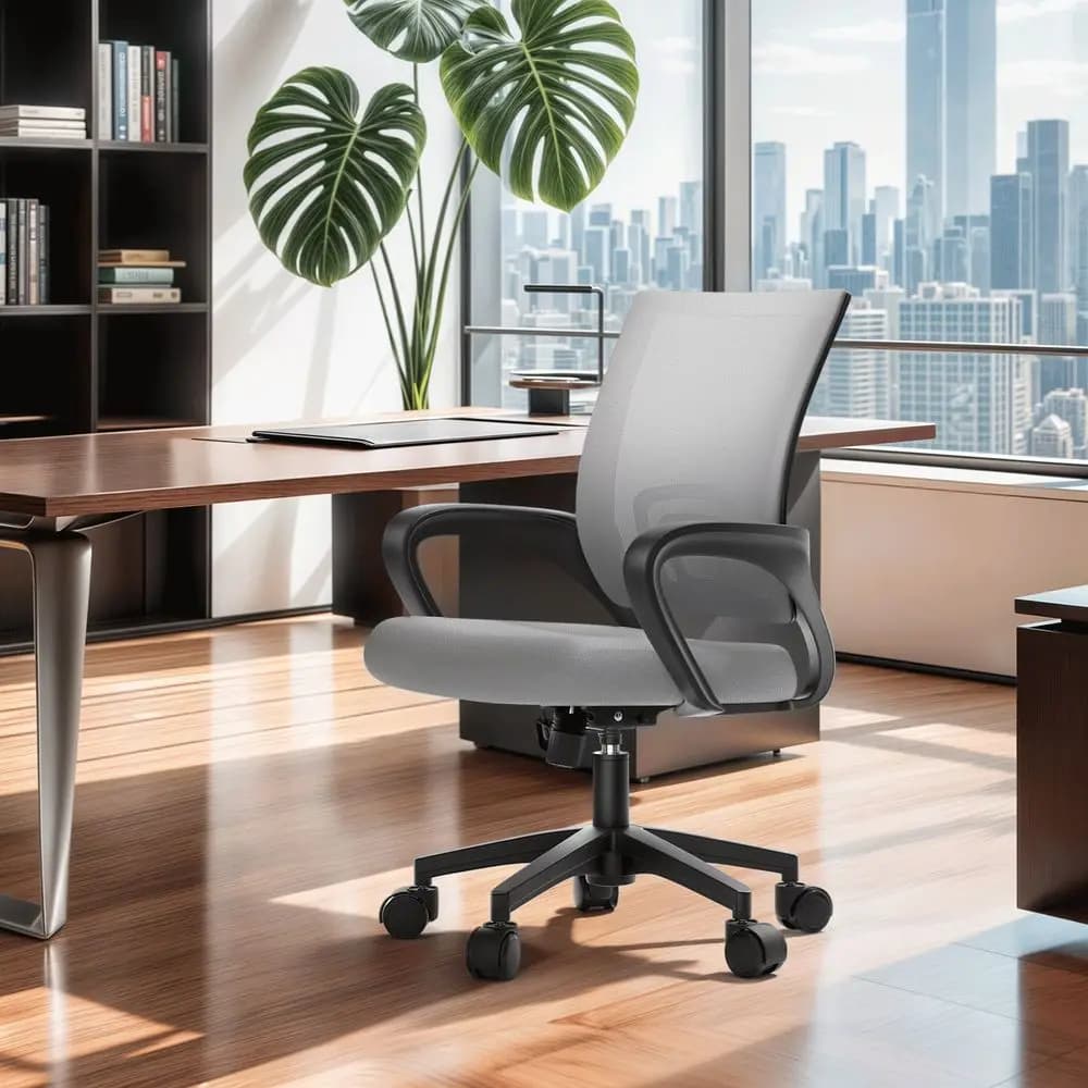 Sedia da ufficio con schienale medio, girevole, con supporto lombare, sedia da scrivania ergonomica in rete regolabile in altezza con braccioli, nera