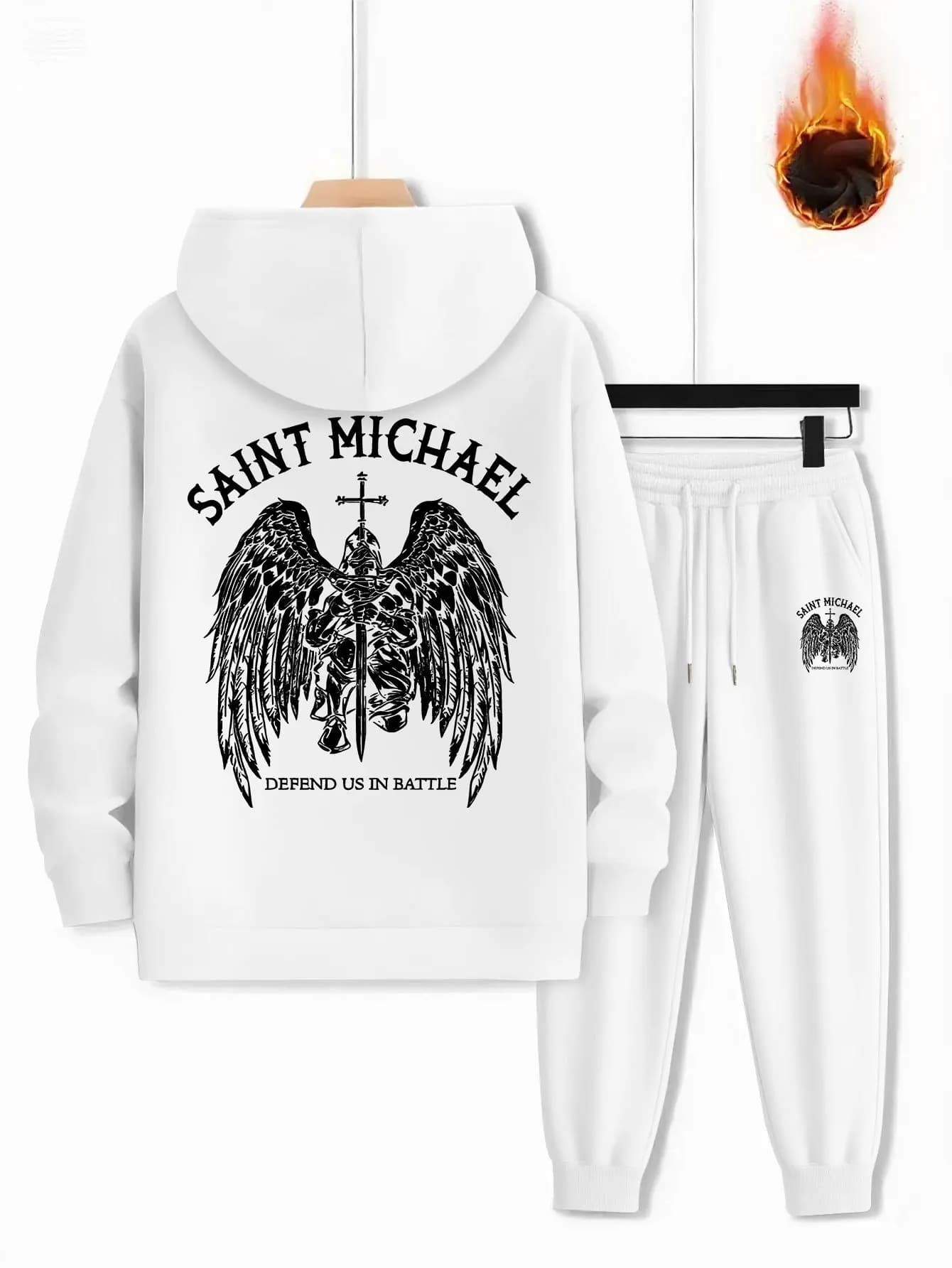 Hot Sale Men Thick Saint Michael Archangel Tracksuit Vintage Wing Cross Big Back Print Hoodie Elastic Cuff Jogger Pants 2Pcs