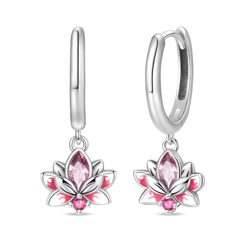 Hot Sales 925 Sterling Silver Pink Lotus Pendant Hoop Earrings For Women Fine Birthday Anniversary Jewelry Gifts