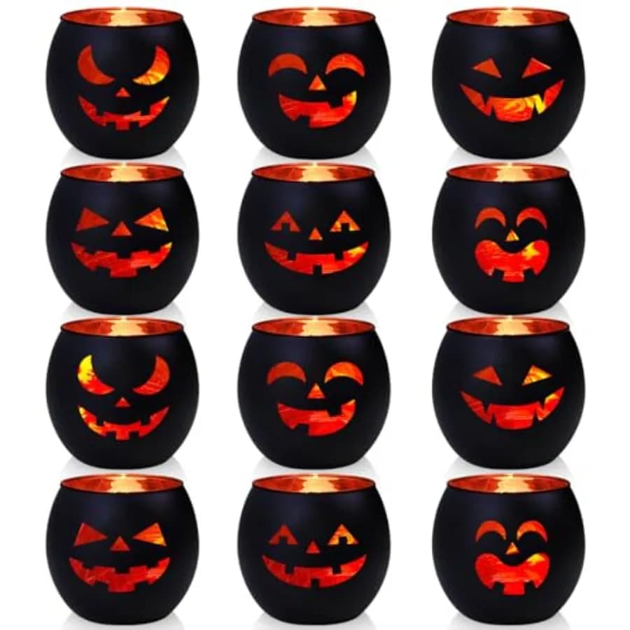 Set di 2 Portacandele da Tavolo per Halloween, in Vetro Nero e Oro, con 6 Portacandele Tealight a Forma di Grimace, Confezione Multipla