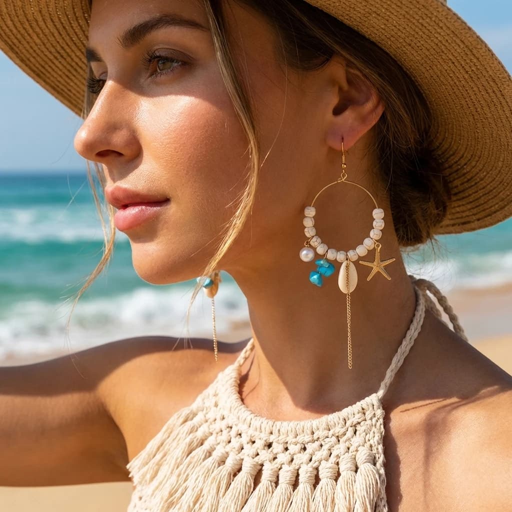 Orecchini a Cerchio Mermaidcore con Charm Oceanico per Donne, con Stella Marina, Conchiglia, Perla Imitazione e Pietra Turchese, Gioielli Estivi da Spiaggia