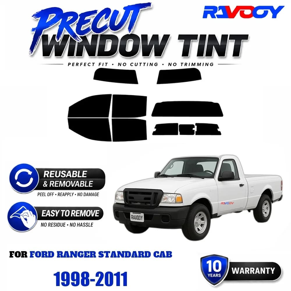 RAVOOY Precut Window Tint, Reusable Removable EPU Film, Custom Fit for Ford Ranger Standard Cab 1998-2011, UV Heat Protection