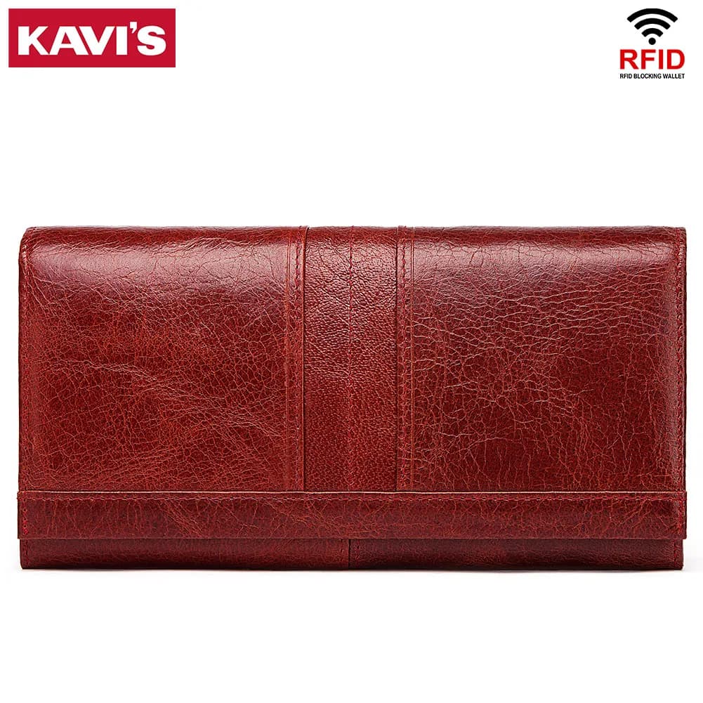 KAVIS Women‘s’ three-folding long wallet RFID large-capacity multi-card credit bag made of cowhide leather