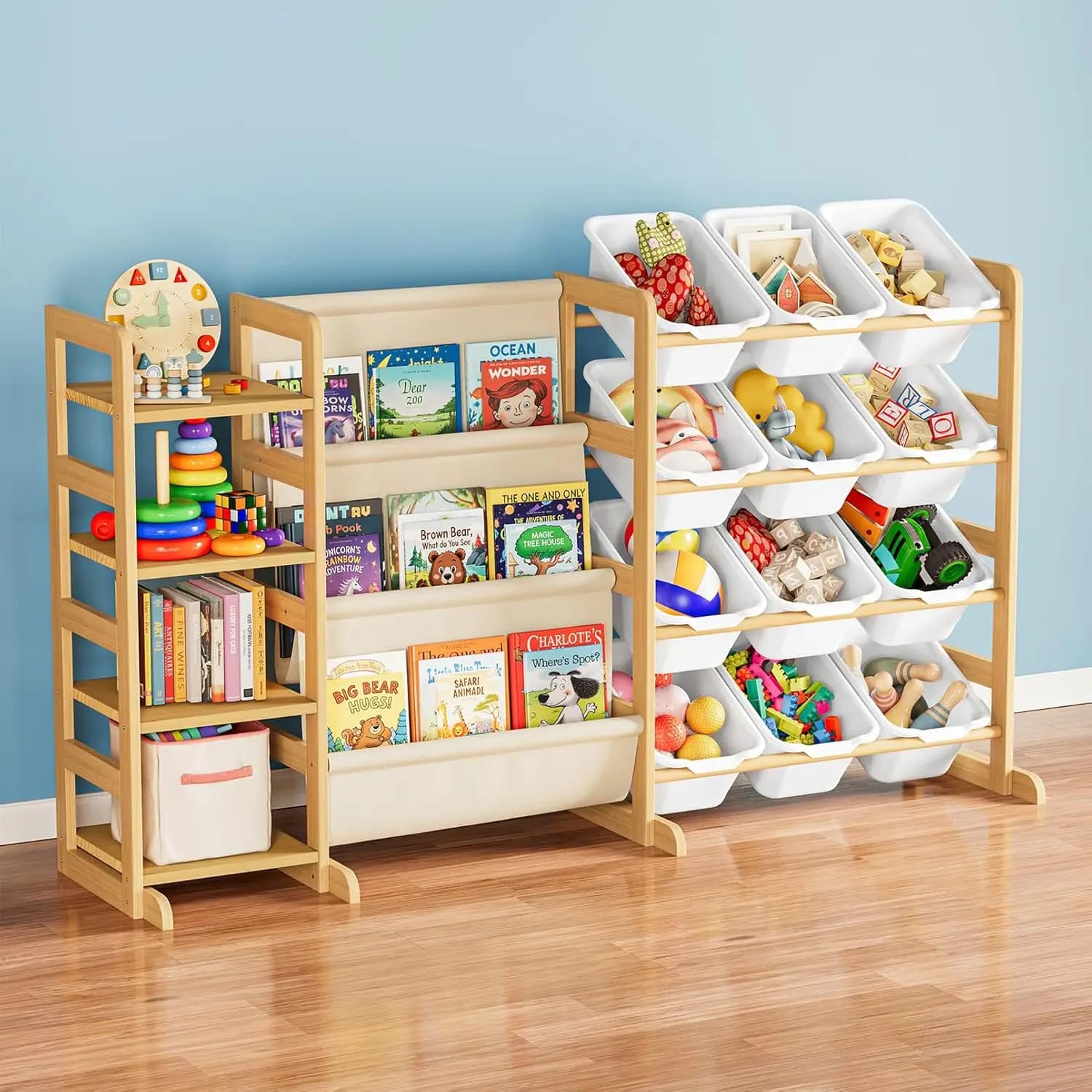 Organizzatore per Giocattoli 3-in-1 con 4 Ripiani e 12 Contenitori, Libreria per Bambini per Camera da Letto e Sala Giochi, Bianco