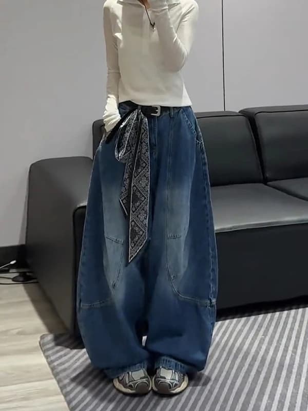 Retro Blue High Street Loose Wide Leg Knife Pants Women's plus Size Spring American High Waist Draped Denim Jeans