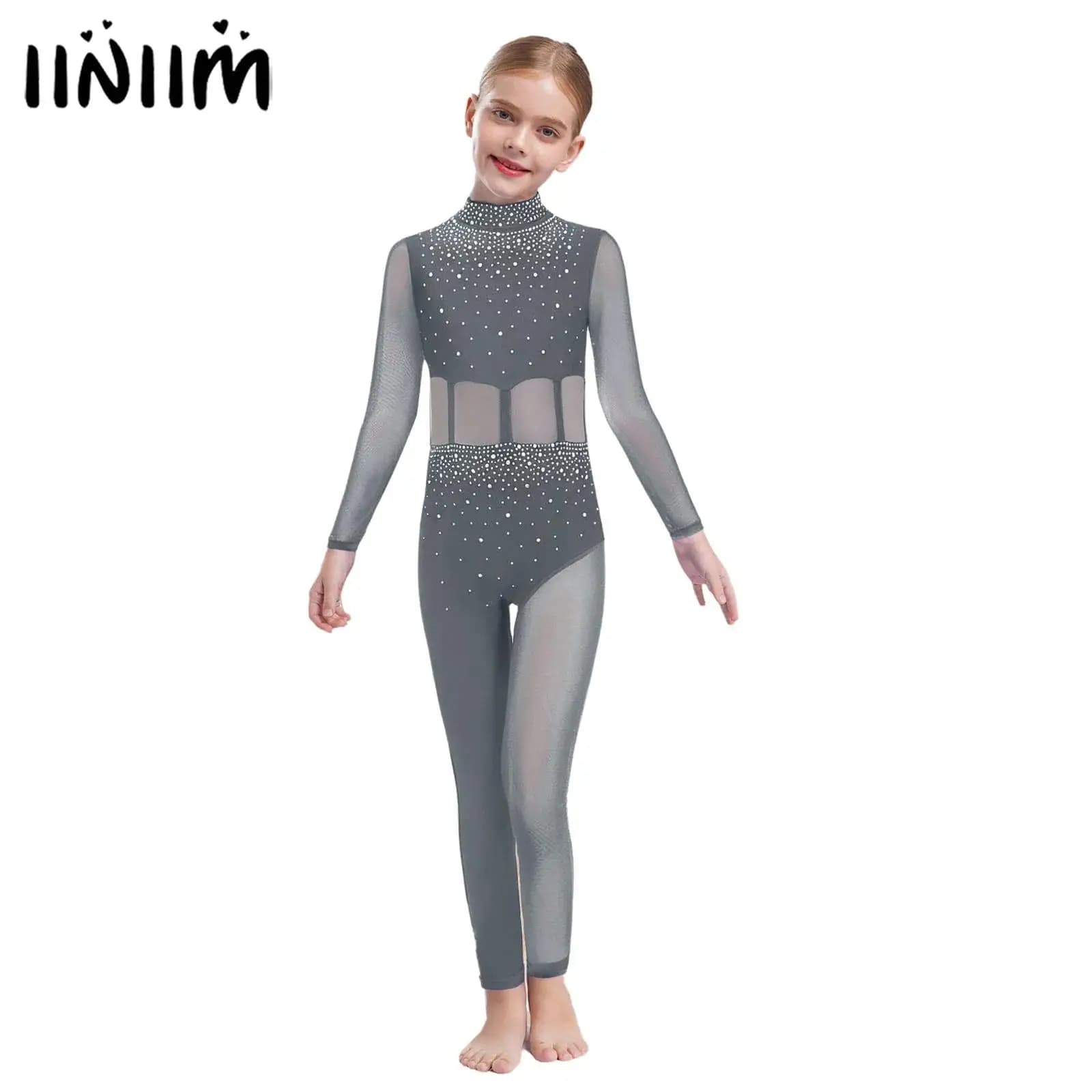 Bambini Ragazze Strass scintillanti Maglia da balletto Ginnastica Pattinaggio di figura Unitards Costume Body intero in rete trasparente