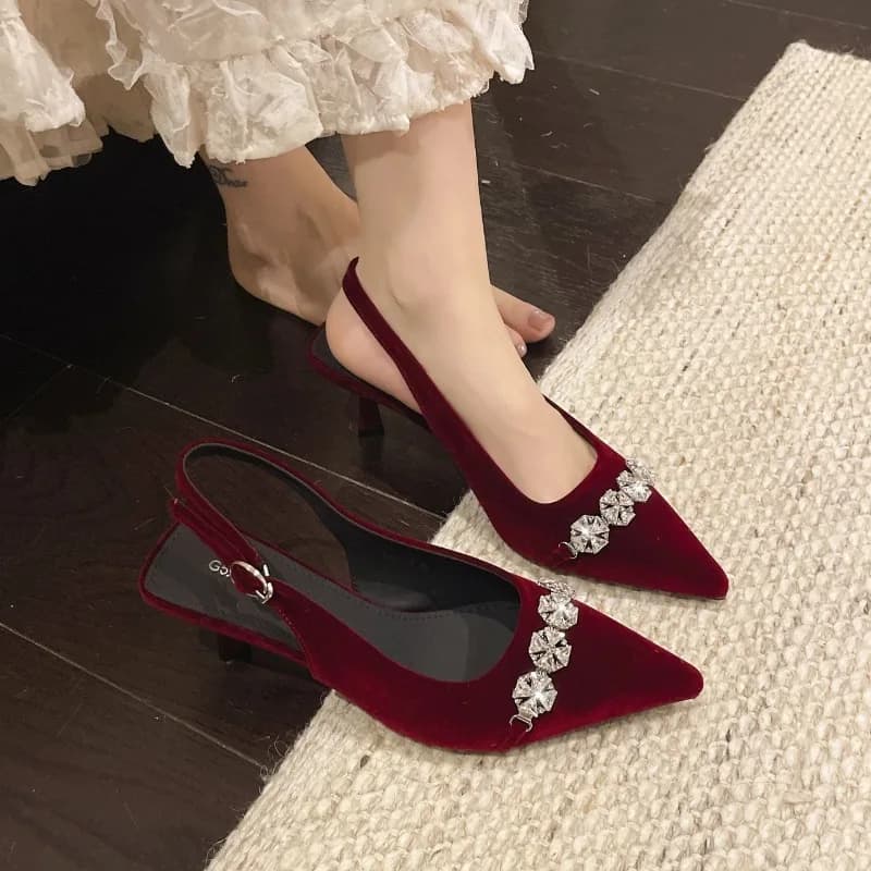 French Flannelette Wrapped Head High Heel Women's Summer New Rhinestone Chain Versatile Sandals