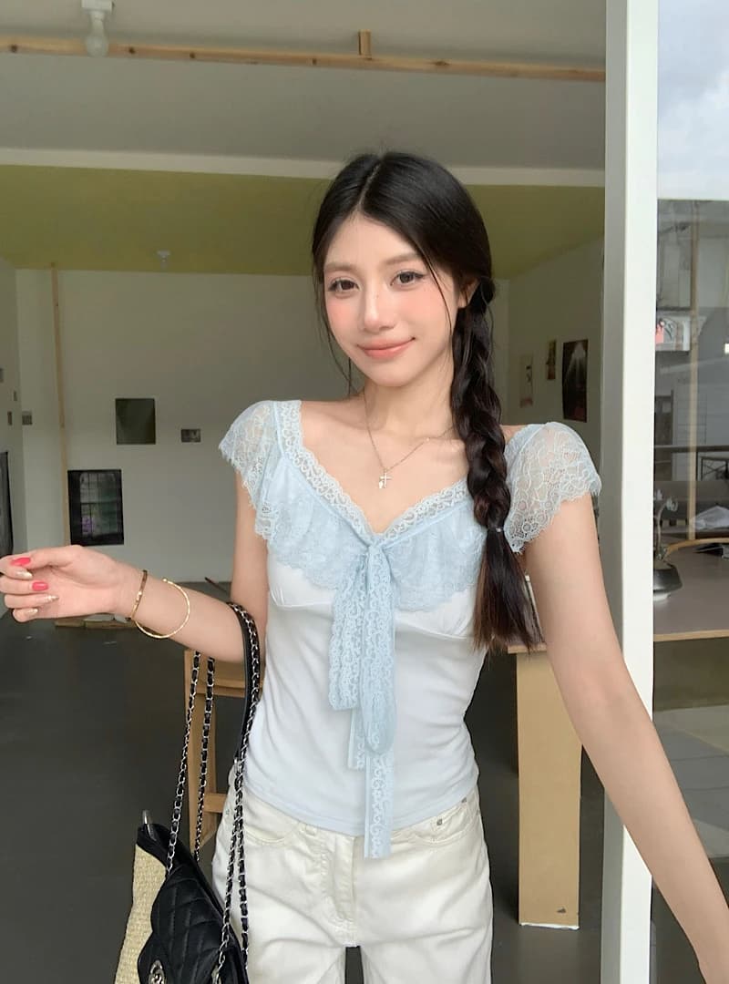 Kumikumi Lace Patchwork Tie Short Sleeve Women's T-shirt Slim Fit Chic Summer Top V-neck High Waist Fly Sleeve Regular Thickness