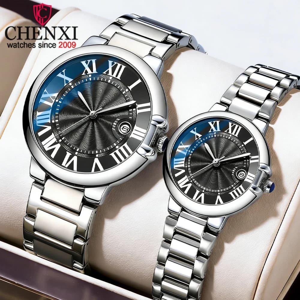 CHENXI Pair Luxury Stainless Steel Quartz Wrist Watch Bright Waterproof Elegant Valentine's Gift Watch for Men and Women