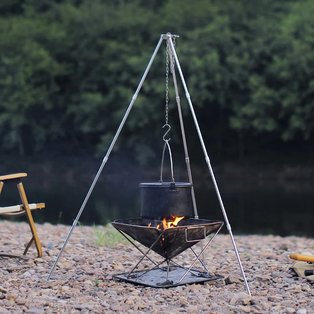 Supporto Triangolare Portatile per Cucina all'Aperto, Treppiede in Lega di Alluminio Smontabile, Catena in Acciaio Inox, Attrezzatura da Picnic