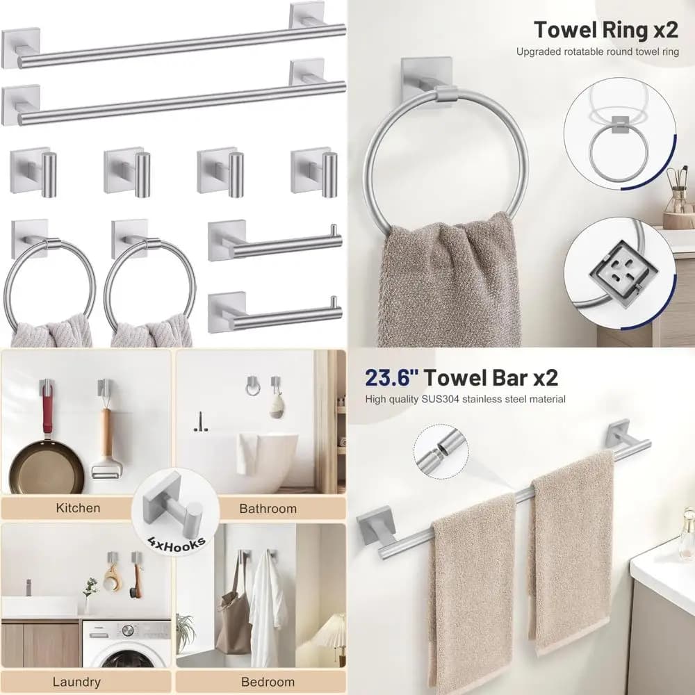 Set of brushed nickel bathroom accessories: collection of towels, rings and 10 pieces toilet paper holder