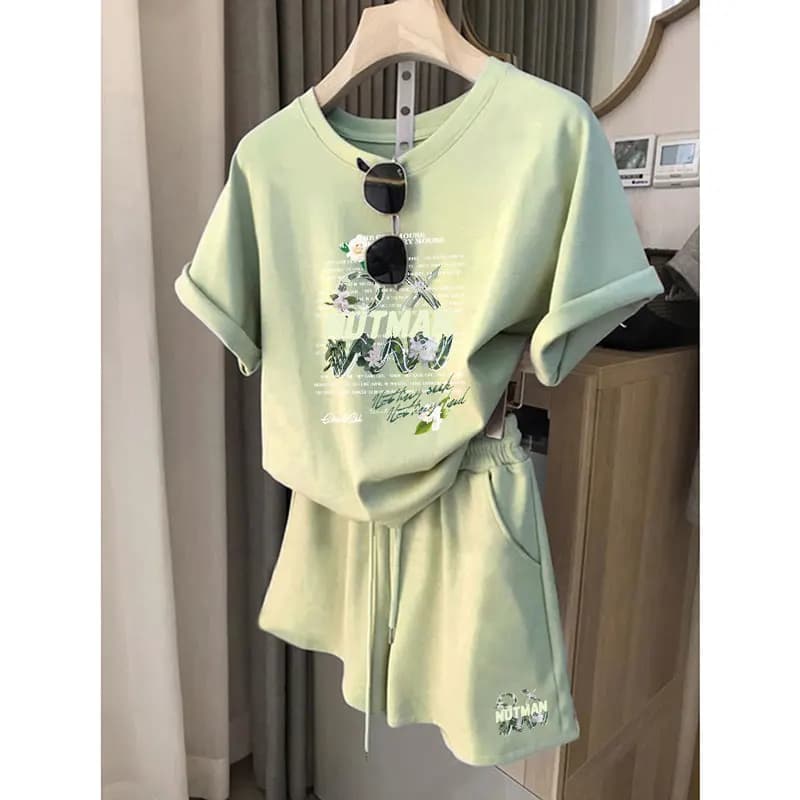Casual Sportswear Set Women Summer 2026 Fashionable Loose Print Short Sleeve Shorts Two-Piece Set Comfortable Breathable Clot...