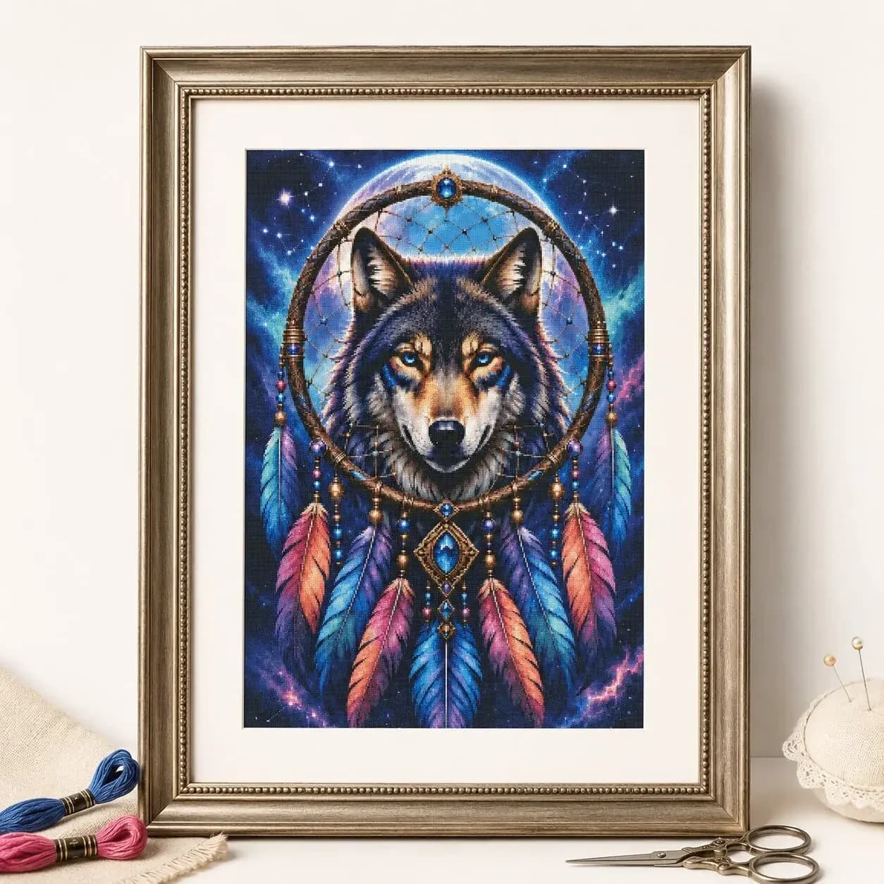 [ZZ9056-Wolf of the Dream Catcher] 11CT 14CT 16CT DIY Stamped Cross Stitch Kit with Printed Canvas and Cotton Threads Embroidery