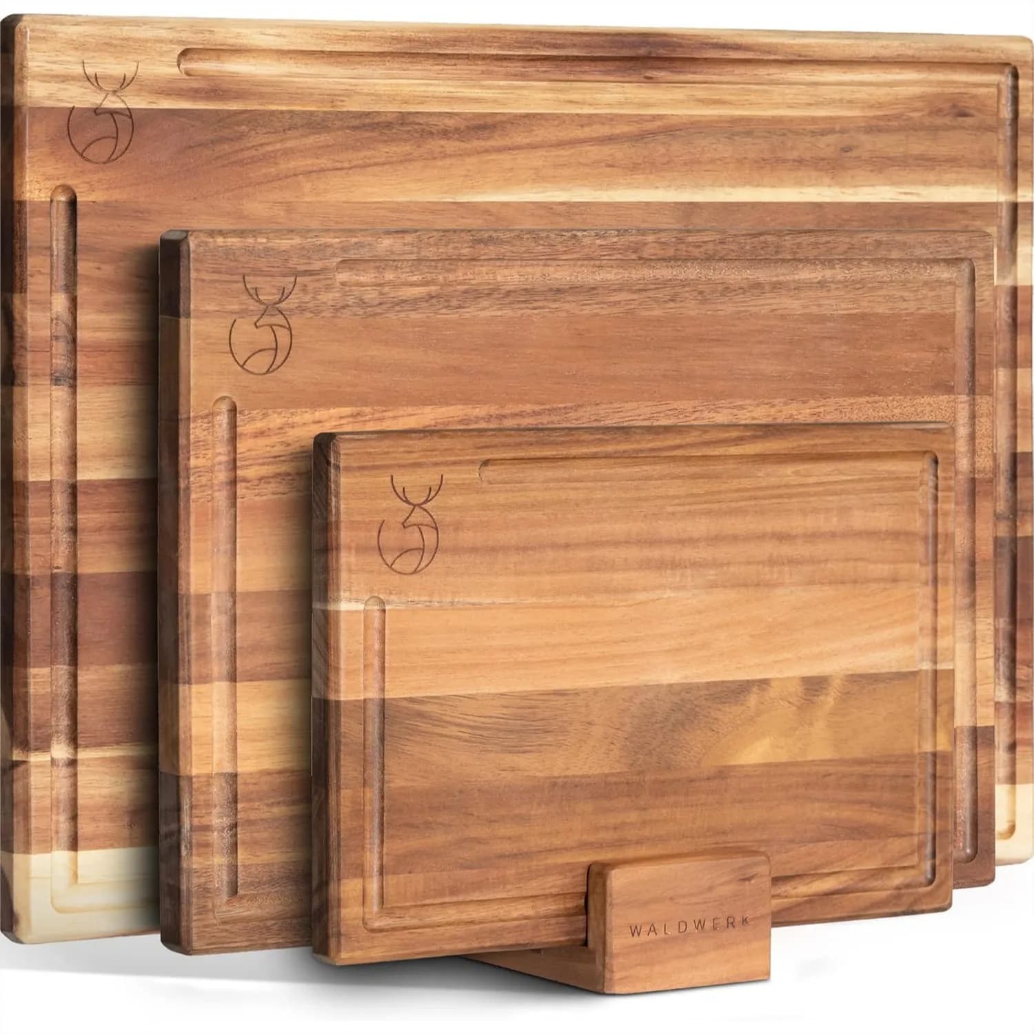 Solid Acacia Wood Cutting Board Set with Stand and Juice Groove for Kitchen Prep