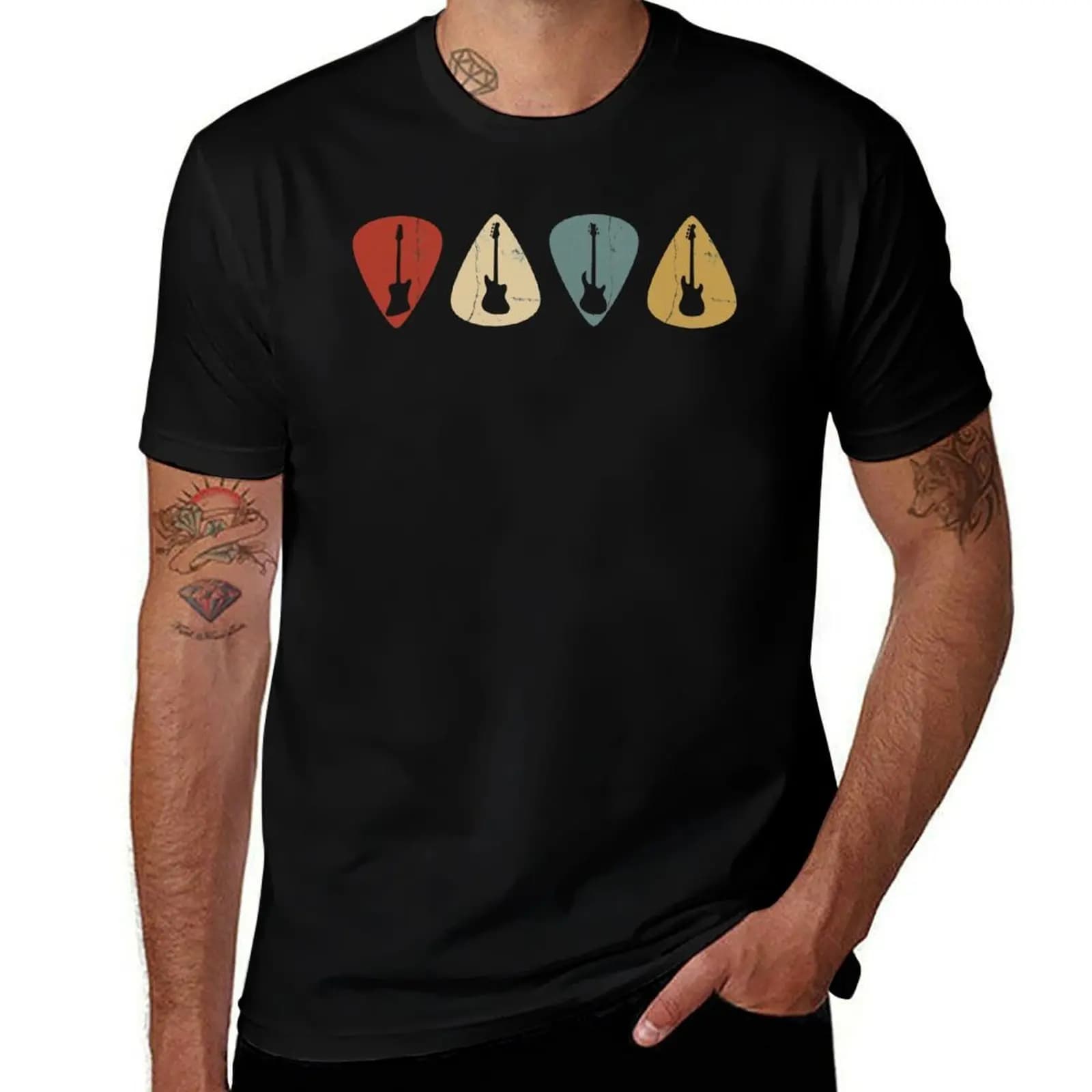 Bass Guitars Picks Retro T-Shirt Lightweight Basic Short Sleeve Shirt