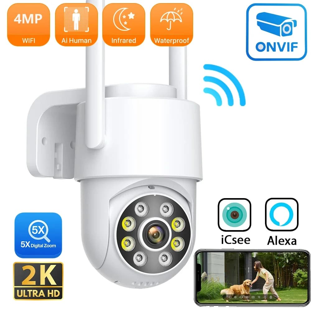 PANEPO 4MP 2K ICsee Wifi Telecamera Rilevazione umana Telecamera di sorveglianza esterna Visione notturna Audio bidirezionale Protezione di sicurezza domestica