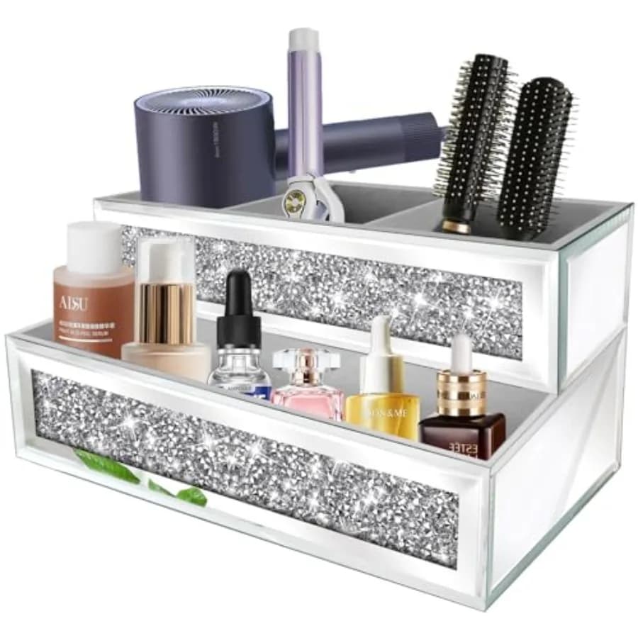 Supporto per Asciugacapelli a Specchio, Versione Migliorata con Cristalli Diamantati, Organizzatore per Strumenti per Capelli da Parete Vassoio per mobiletto da bagno in argento per asciugacapelli