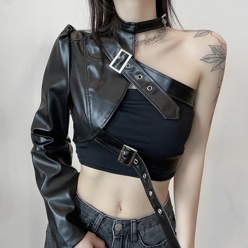 Stylish Metal Buckle Hanging Neck PU Leather Single Sleeve Biker Jacket for Women Spring Autumn New Arrival Thickened Short S...