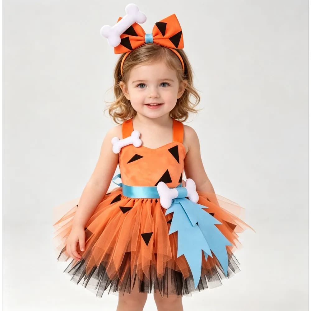 Girls Stone Print Tutu Dress Kids Caveman Themed Costume for Birthday Halloween Carnival Party,Tutu Dress Caveman Themed