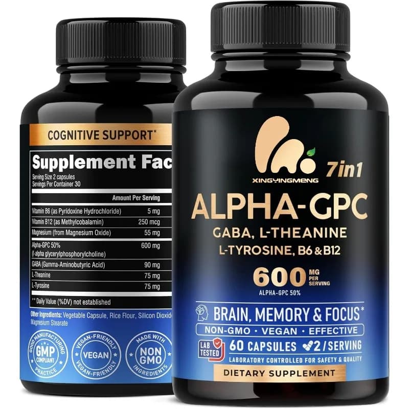 Alpha GPC 600mg supplement, L-tirosoin, vitamins B6 and B12 - for concentration, memory and energy - biologically active choline