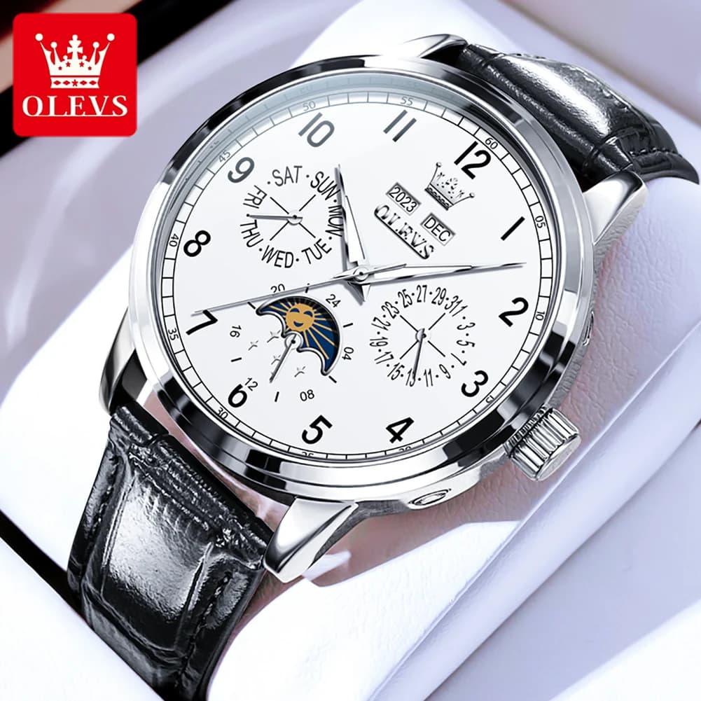 OLEVS 6698 Orologio da uomo Luxury Dress Brand Orologio meccanico automatico con fasi lunari per uomo Orologio con doppio calendario impermeabile in pelle
