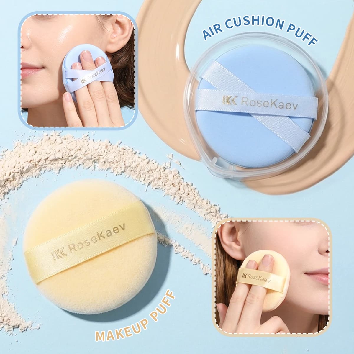 Doppia spugnetta per trucco con cuscino d'aria + piumino applicatore, leggera e traspirante, per fondotinta asciutto e bagnato.