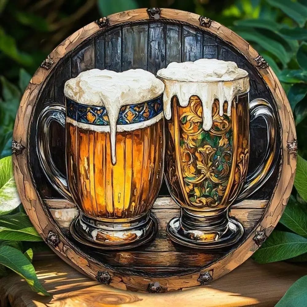 Targa da parete rotonda in alluminio da 8 pollici a forma di boccale da birra - Decorazione in metallo antiruggine per bar, pub, man cave, garage