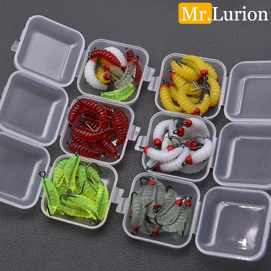 MrLurion 10 pcs/box 2 cm softbait lambs caller for fishing gear, trout salmon bass fishing worm call insect bait with hook