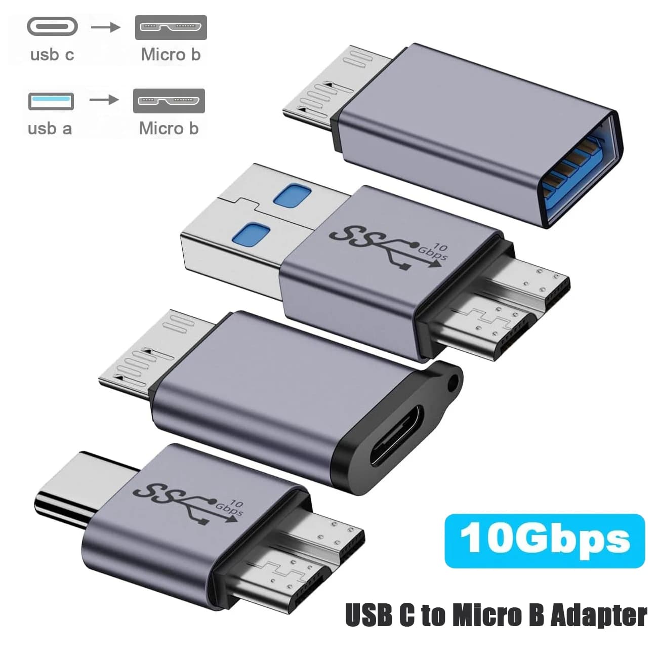 USB C to Micro B Adapter 10Gbps Micro B to USB C 3.2 Type C Female to Micro B Male Converter Cable for Hard Drive SSD Laptop