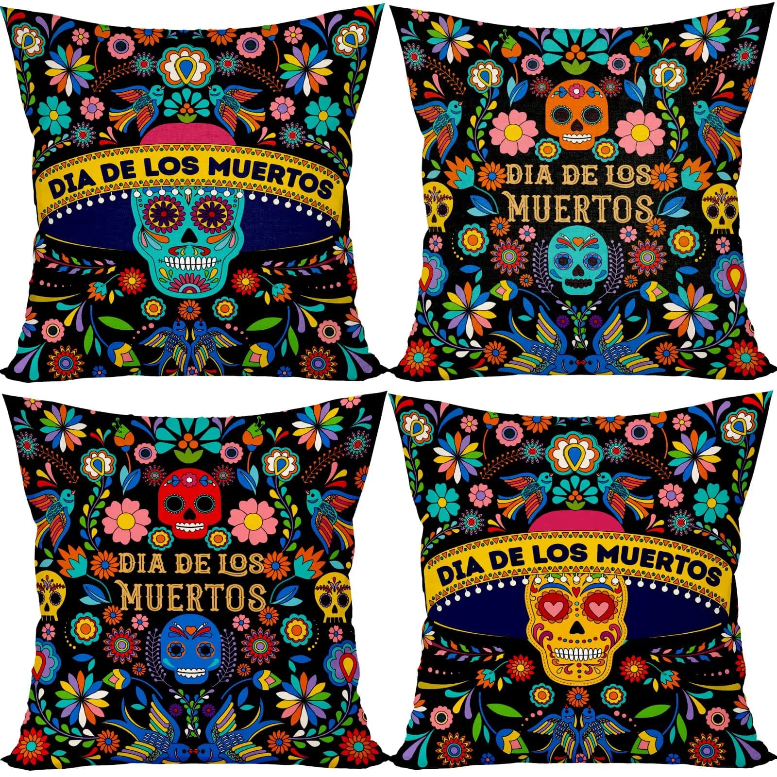 Dia De Los Muertos Sugar Skull Flower Throw Pillow Covers Set of 4 Day of The Dead Pillow Case Mexican Fiesta Party Decorations