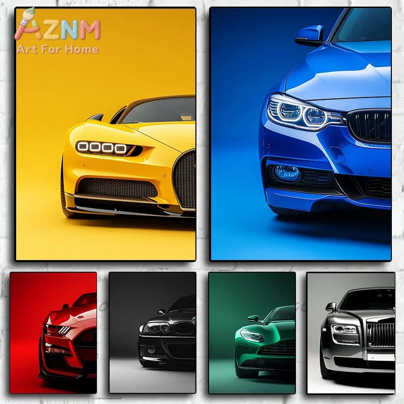 AZNM Luxury & Supercar Collection Wall Art Print, Single Unframed Canvas Poster, Bugatti, BMW, Mustang, Aston Martin & Rolls-Roy