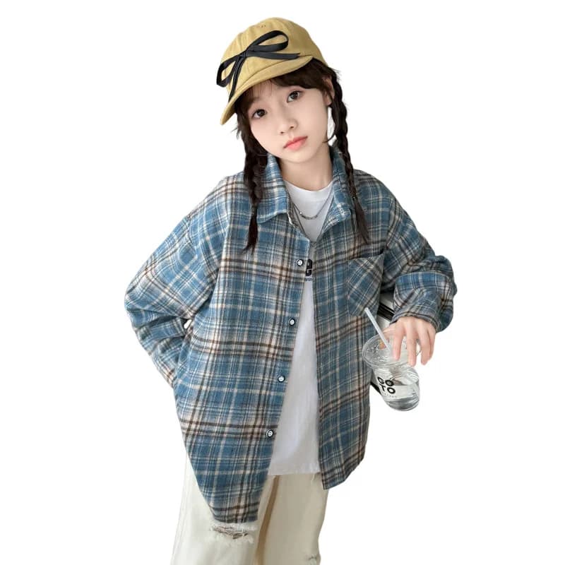 Korean Child Long Sleeve Plaid Blouse For Girls Casual Cotton Shirt with Pocket Teenage School Kids Spring Clothing Outfits