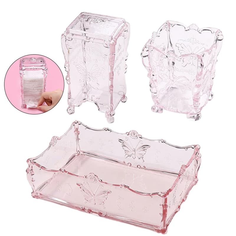 Scatola portaoggetti per unghie in batuffolo di cotone Farfalla trasparente design rosa Tovaglioli Contenitore Pennello Organizzatore Custodia per trucco Strumenti per nail art