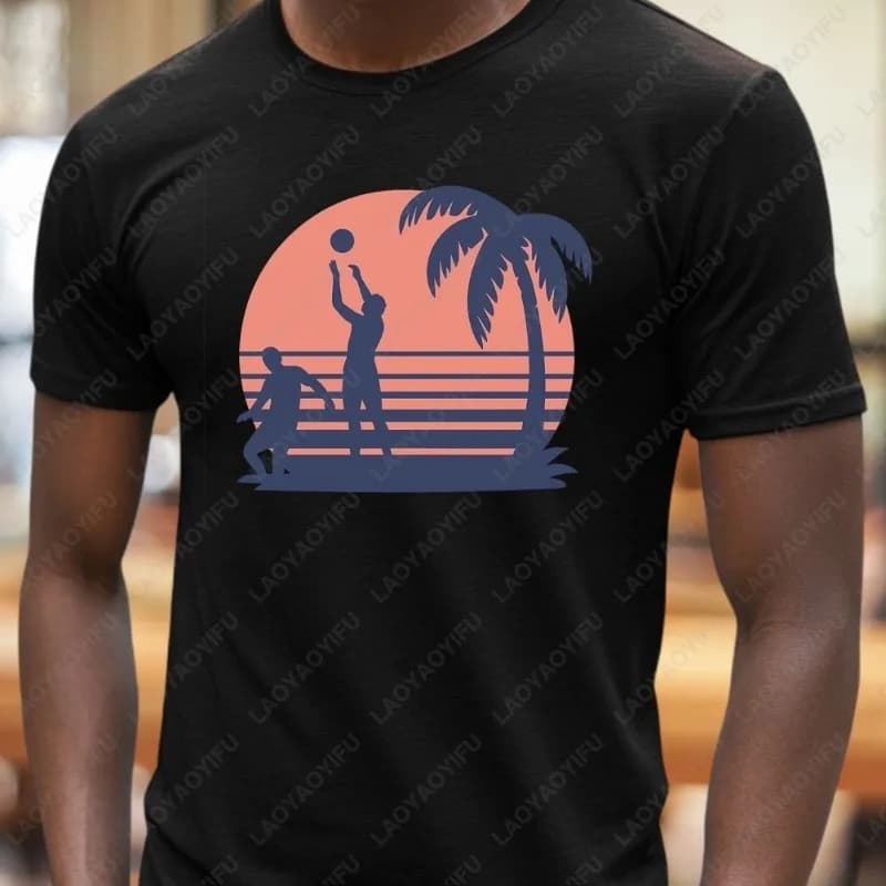 Maglietta modale da uomo con stampa di pallavolo da spiaggia, palmera, tramonto, arte estetica, classica divertente, vintage, Wen, da donna, tutte abbinate, top carini
