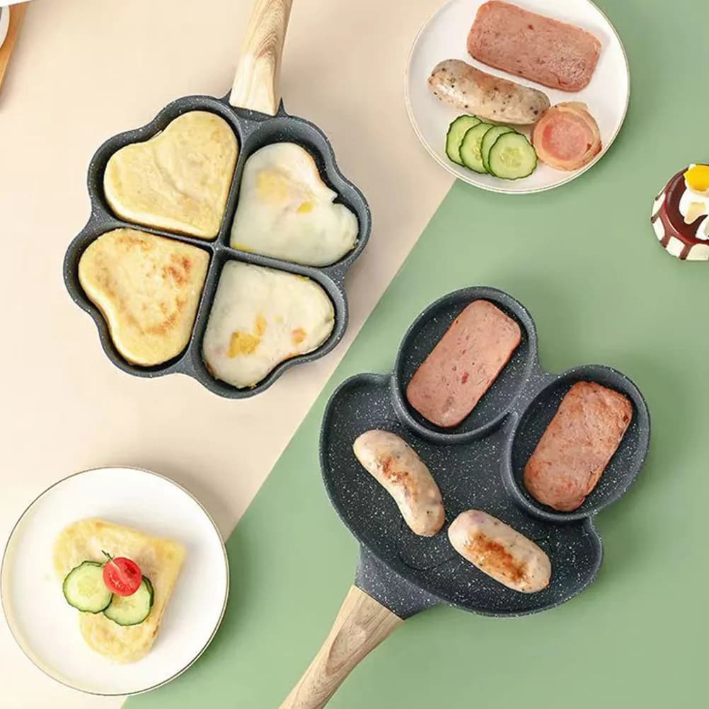 Padella Antiaderente per Uova con Manico in Legno, Design Multifunzione a 4 Scomparti per Uova, Pancake e Colazione Quotidiana