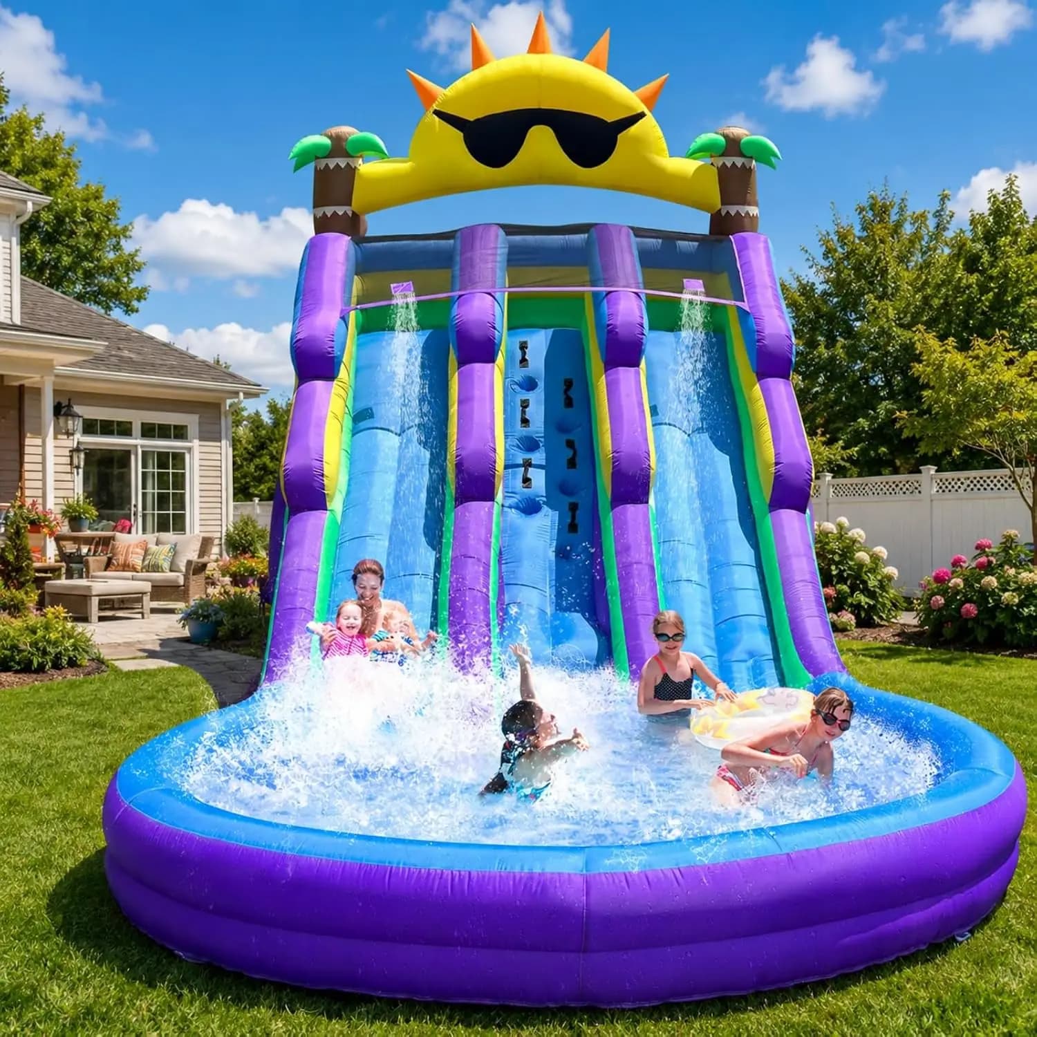 Inflatable Water Slide with Big Splash Pool and Swimming Pool for Backyard Summer Splash Party, Includes Sun Glasses