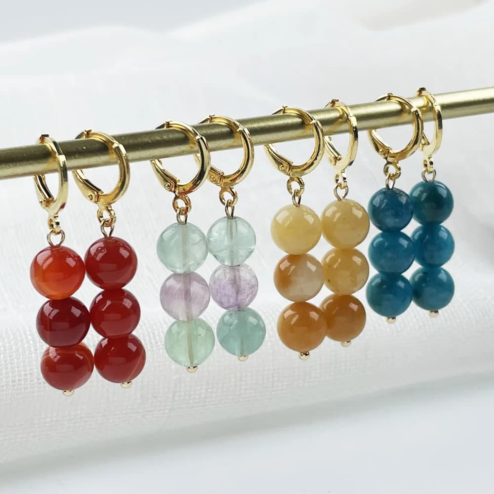Natural Gems Stone Drop Earrings Round Beaded Tassel Pendulum Small Ear Loop Agates Opal Citrines Purple Crystal Dangle Earrings