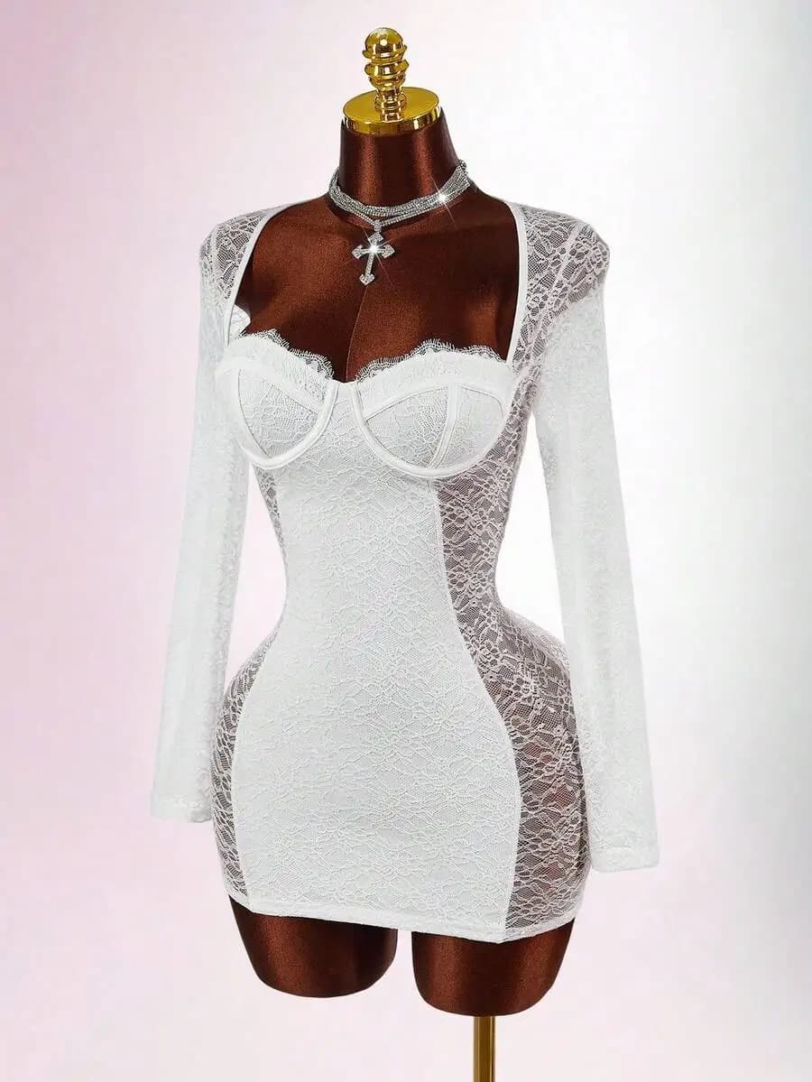 Abito Mini Bianco con Pizzo e Scollo a Cuore, Maniche Lunghe